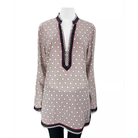 Tory Burch $295 Tory Tunic Long Sleeve Top 6 Six Desert Sand Dotted Squares Euc - Picture 2 of 6